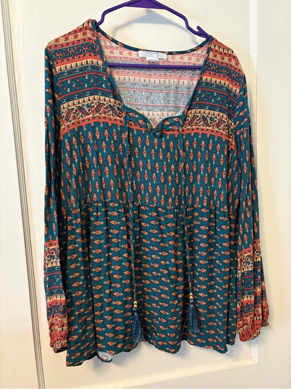 VENUS Teal Boho Printed Peasant Tunic with Tassel Tie